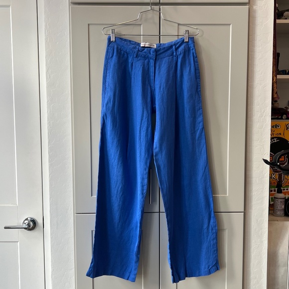 Faithfull Francois Vibrant Blue Linen Pants 4 Small Party Boho Natural Coastal - Picture 1 of 5